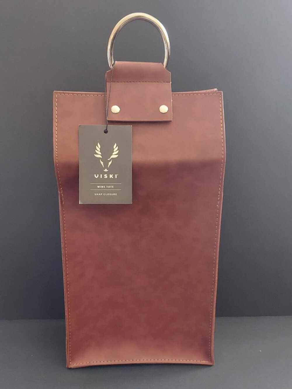 Viski Faux Brown Leather Wine Carrier Snap Stainless Ring Double Bottle NWT